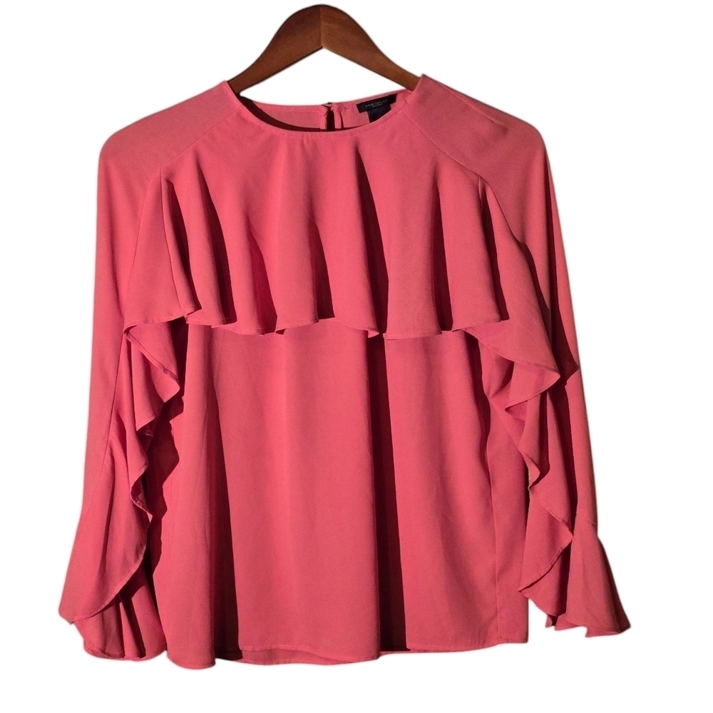 Ann Taylor Factory Rose Pink Ruffle Blouse Women’s XS Long Ruffled Sleeves